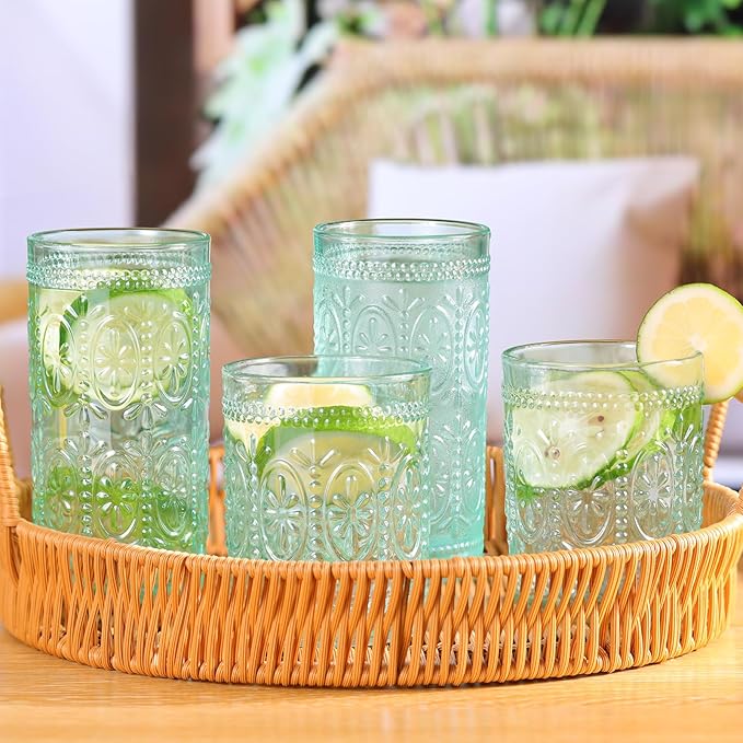 6 Pack Highball Embossed Beverage Glass Cup, 12oz Green Glassware Drinking, Vintage Drinking Glasses, Colored Water Glasses for Party Wedding Home Office and Gift