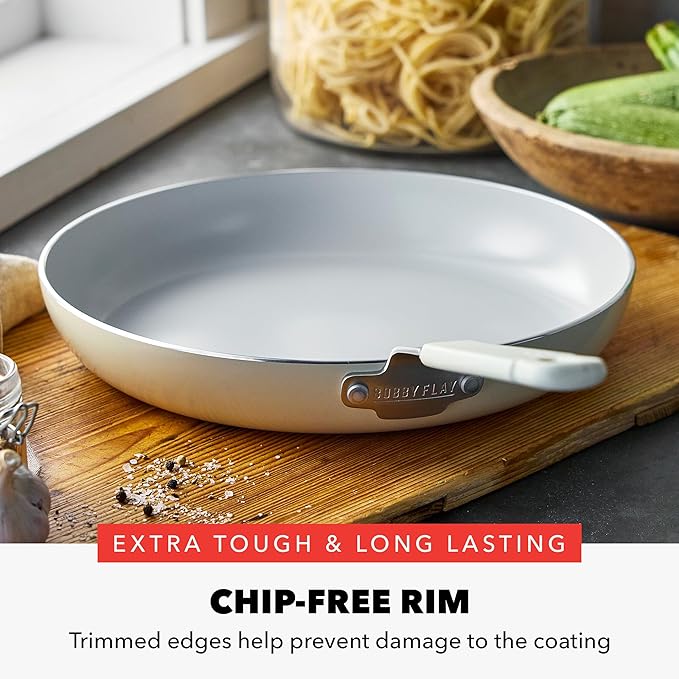 GreenPan x Bobby Flay 12" Nonstick Frying Pan Skillet, PFAS-Free Diamond Ceramic, Induction Suitable, Stay-Cool Silicone Handle, Easy Clean Dishwasher & Oven Safe, Egg & Omelet Pan, Cream