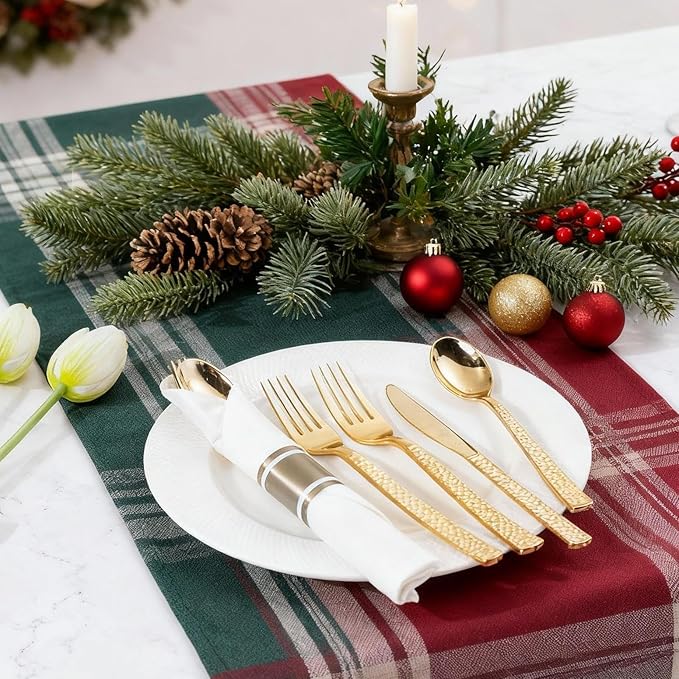 WELLIFE 300PCS Gold Plastic Cutlery,Pre Rolled Silverware Set Disposable,Gold Disposable Utensils,Includes: 75 Forks, 75 Knives, 75 Spoons, 75 Napkins, Christmas Silverware