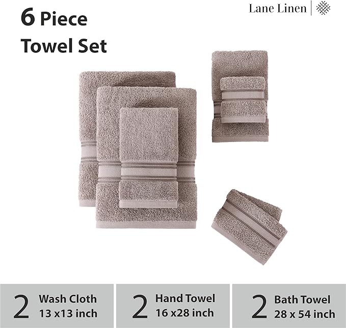 LANE LINEN Luxury Bath Towel Set - 6 Piece Set, 100% Cotton Bathroom Towel, Zero Twist, Shower Towel, Extra Absorbent, Super Soft, 2 Bath, 2 Hand, 2 Wash Cloths - Platinum