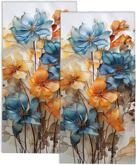 Colorful Abstract Teal Flower Cotton Towels - Set of 2 Soft Kitchen & Bathroom Hand Towels - 14"X28"