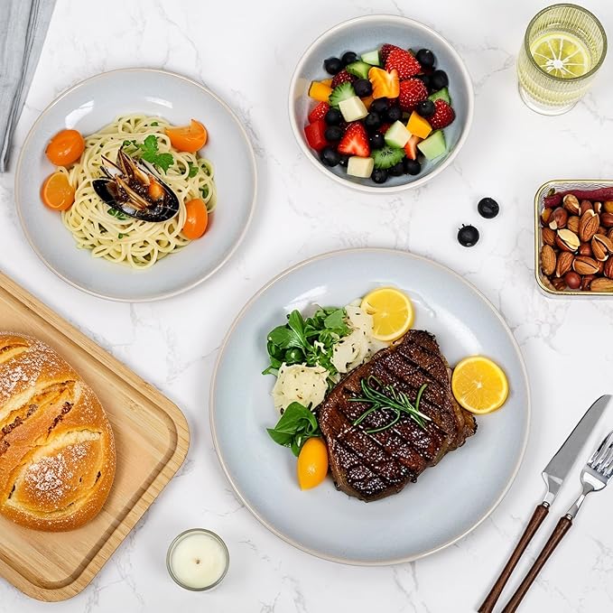 Plates and Bowls Sets for 4 - CJDC-QUELO 12-Piece Stoneware Dinnerware Sets, Ceramic Dishware Set for Kitchen Use and Formal Dining, Chip and Scratch Resistant Microwave Dishwasher Safe, Off White