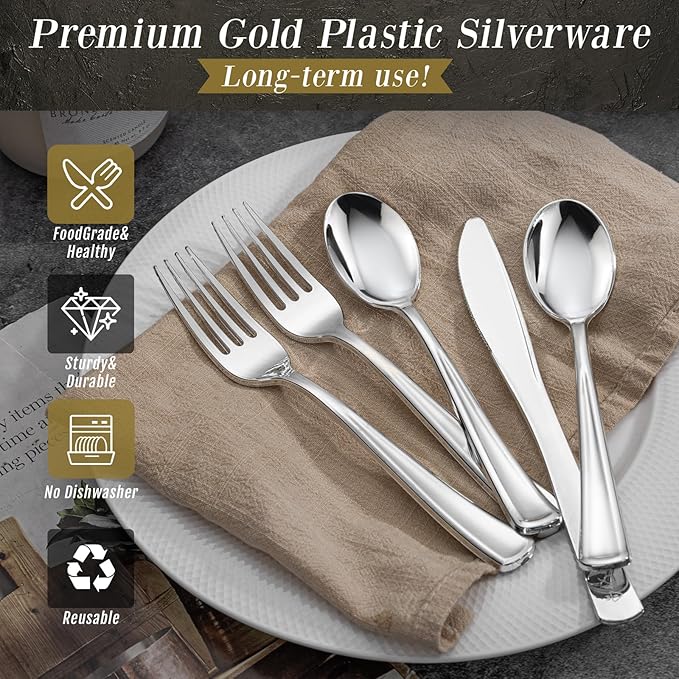 WDF 160 Pieces Silver Plastic Silverware - Silver Disposable Silverware - Plastic Silverware Heavy Duty - 80 Forks 40 Knives 40 Spoons - Disposable Cutlery Perfect for Christmas Wedding/Party