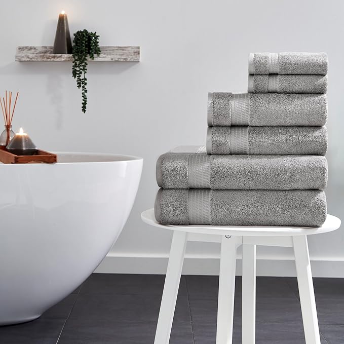 Ozdilek 6-Piece Bath Towel Set, 2 Bath, 2 Hand, 2 Wash, 100% Cotton Turkish Towels, 2 Bath Towels (30x60/550 GSM), 2 Hand Towels (16x30/575 GSM), 2 Washcloths (13x13/600 GSM) (Light Grey)