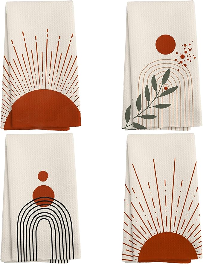 Boho Abstract Red Sunshine Kitchen Towels and Dishcloths Set of 4, Boho Mid Century Modern Abstract Minimalist Sunshine Drying Cloth Hand Dish Tea Towels for Bathroom Kitchen, 16x24 Inches