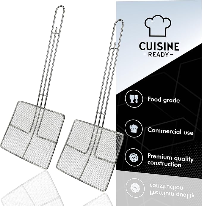 Wire Mesh Strainer with Long Handle | 2-Pack | 6.5" Square Frying Spoon | Cooking Oil Strainer for Deep Fryer & Professional Restaurant Use | Commercial Grease Skimmer
