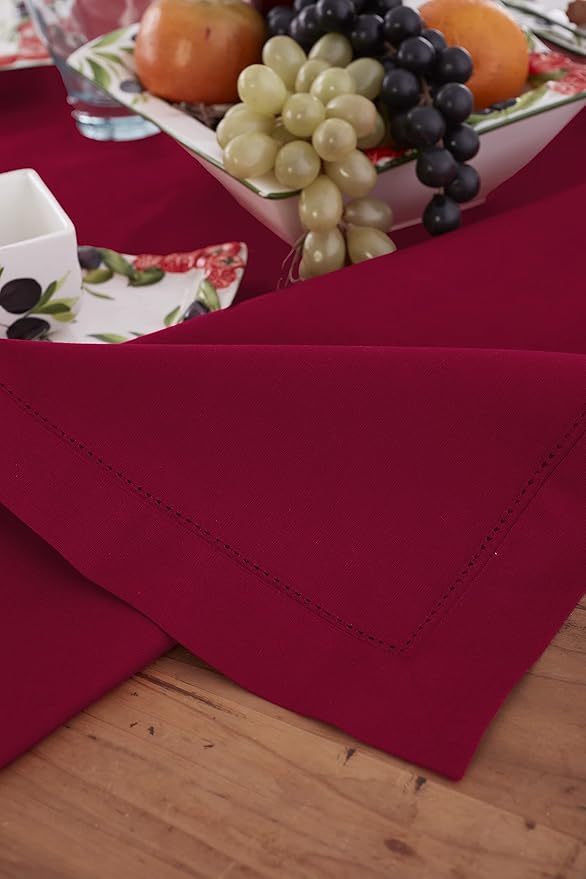 Solino Home Red Tablecloth 58 x 132 Inch - Cotton Linen Hemstitch Rectangular Tablecloth - Machine Washable Table Cloth for Winter, Valentines, Holiday, New Year