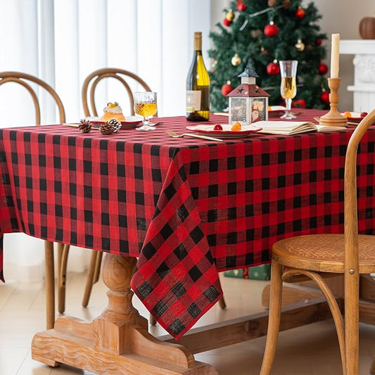 Gingham Christmas Tablecloth Heavy Duty Cotton Blend Red 60x102 inch Plaid Christmas Table Cloth Reusable Waterproof Foldable Tablecloths Xmas Table Cover for New Year Party Decor