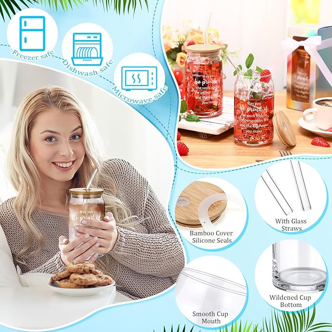 Layhit 12 Set Employee Appreciation Gifts Bulk Thank You Glass Cups for Staff Coworker 16 oz Can Shaped Beer Glass with Lids Straws Brushes Ribbon and Gift Boxes for Women Nurse Teachers Day(Proud)