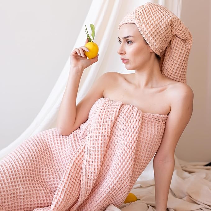 Premium Waffle Bath Towels Pack of 2 Extra Large 35x71 inch - 100% Turkish Cotton, Waffle Weave, Quick Dry, Lint Free, Oversized, Thin Bath Sheet Towel (Light Pink, Set of 2 Bath Towels)