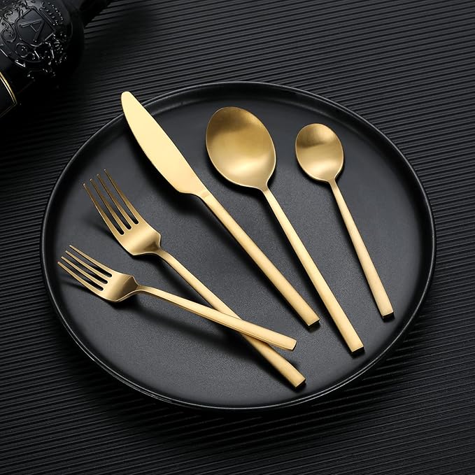 40-Piece Gold Silverware Set, Rectangular Flatware Set for 8, Matte Stainless Steel Cutlery Set, Food-Grade Utensils Set, for Home Kitchen Restaurant, Dishwasher Safe