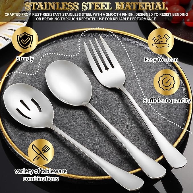 36-Piece Stainless Steel Serving Utensil Set – Complete Buffet Essentials with Spoons, Forks, Tongs, Ladle & More. Perfect for Wedding, Holiday, Catering, and Family Gatherings(Silver)