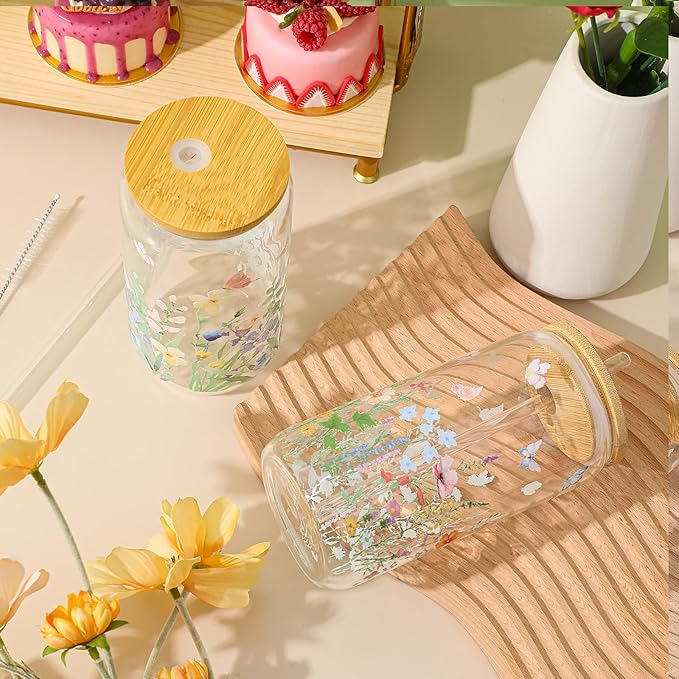 Mumufy Gift for Women Cute Glass Cup Tumbler Flower Iced Coffee Mugs 16 oz Glass with Bamboo Lid & Straw, Mothers Day Birthday Gift for Mom Sister Bridesmaid Baby Shower(2 Pack,Wild Flower1)