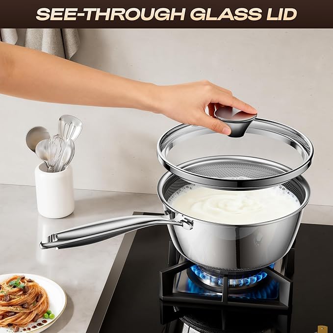 1 Quart Stainless Steel Saucepan with Glass Lid,6 Inch Hybrid Nonstick Sauce Pan,PFAS PFOA PTFE Free,Stay-Cool Handle,Dishwasher-Friendly,Oven-Safe,Small Pots Compatible with All Cooktops