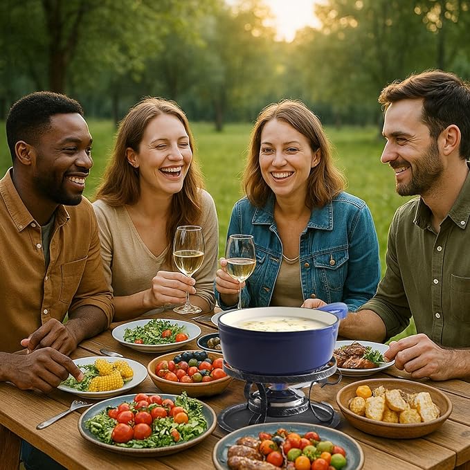 Artestia Swiss Fondue Set – Cast Iron Traditional 2L Cheese & Chocolate Fondue Pot for 4-6 People – Ideal for Melting Cheese, Chocolates, Caramel, & More, Blue