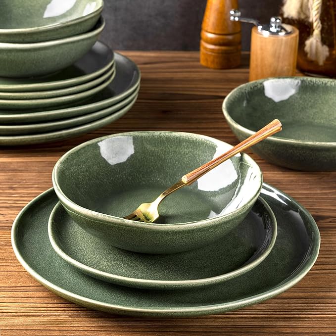 AmorArc Ceramic Dinnerware Sets,Handmade Reactive Glaze Stoneware Plates and Bowls Set,Highly Chip and Crack Resistant | Dishwasher & Microwave Safe Dishes Set,Service for 4 (12pc)
