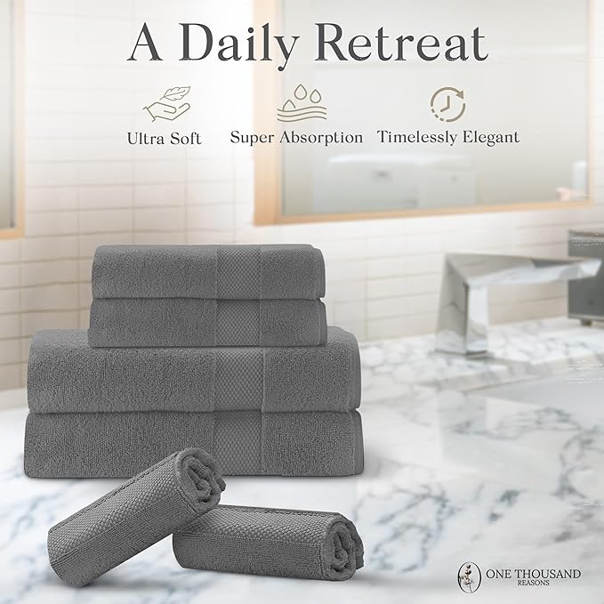 Premium Staple Cotton Bathroom Towel Set - Gray 600 GSM 6-Piece Luxury Bath Towel Set 1 Stripe - 2 Bath Towels, 2 Hand Towels & 2 Washclothes Set - High Absorbent & Quick Dry for Gym, Spa, Hotel