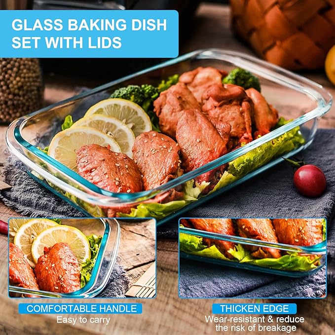 KOMUEE 8 Pieces Glass Baking Dish with Lids Rectangular Glass Baking Pan Bakeware Set with BPA Free Lids, Baking Pans for Lasagna, Leftovers, Cooking, Kitchen, Fridge-to-Oven,Blue