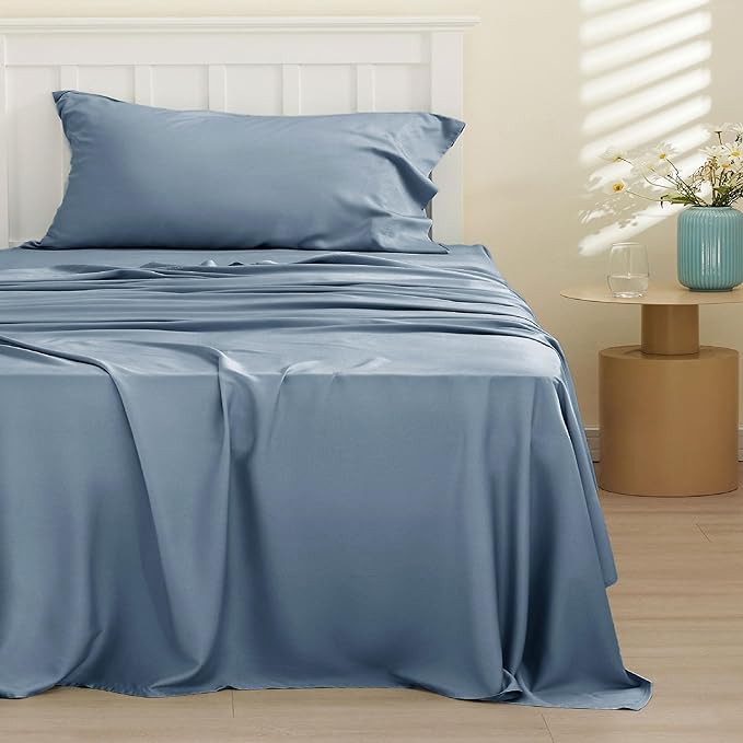 Bedsure Cooling Sheets Twin XL, Rayon Derived from Bamboo, Breathable & Soft Twin XL Sheet Sets, Deep Pocket Up to 16 Inches, Hotel Luxury Silky Dorm Bedding for Hot Sleepers, Dusty Blue