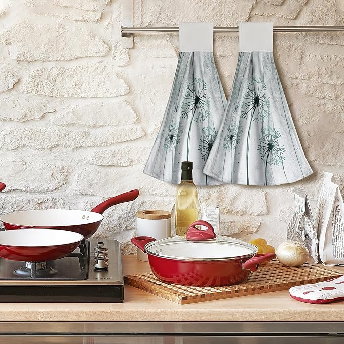 Giwawa Teal Dandelion Hanging Hand Towels with Loop Set of 2 Rustic Flower Soft Fast Dry Kitchen Tie Towel for Bathroom Laundry Farmhouse Decor