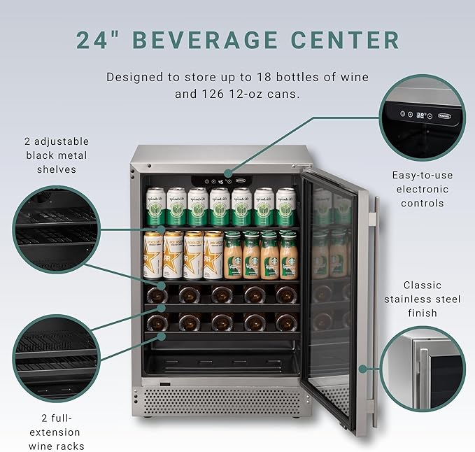 Marvel Northland Collection 24" Undercounter Beverage Center w/Glass Door, 2 Adjustable Shelves & 2 Full-Extension Wine Rack, Stores up to 18 Wine Bottles and 126 12-oz Cans, Indoor/Outdoor Rated