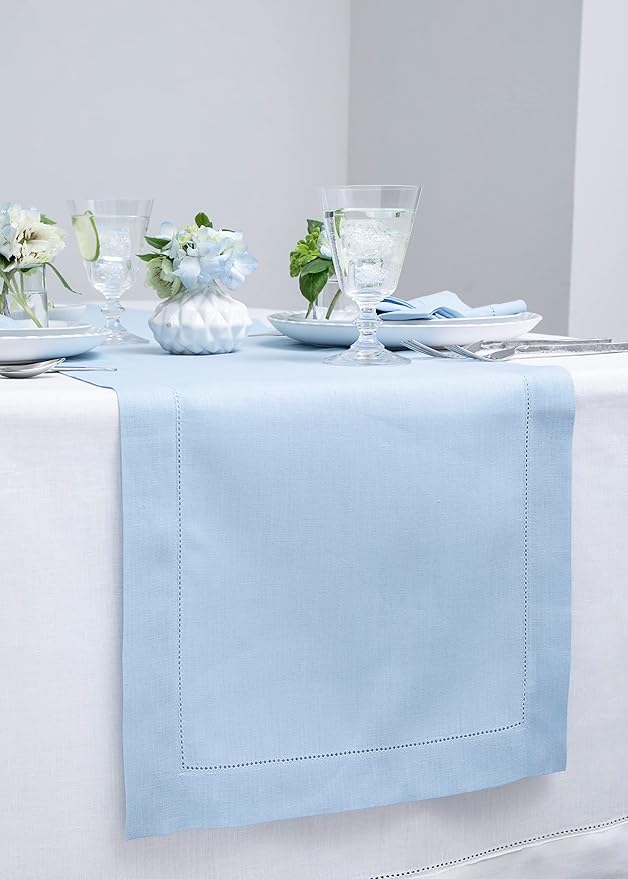 Solino Home Linen Sky Blue Table Runner 132 Inches Long - 100% Pure Linen Extra Long Table Runner 14 x 132 Inch for New Year - Classic Hemstitch