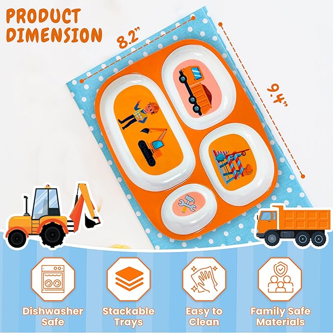 4E's Novelty Set of 4 Melamine Dinner Plates for Kids Boys - Divided Plates for Picky Eater, BPA Free, Toddler Eating Essentials, Boy Dinnerware Set