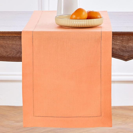 Solino Home Linen Coral Hemstitch Table Runner 60 Inches - 100% Pure Linen Small Table Runner 14 x 60 Inch Ideal for Dresser and Coffee Tables - Classic Hemstitch