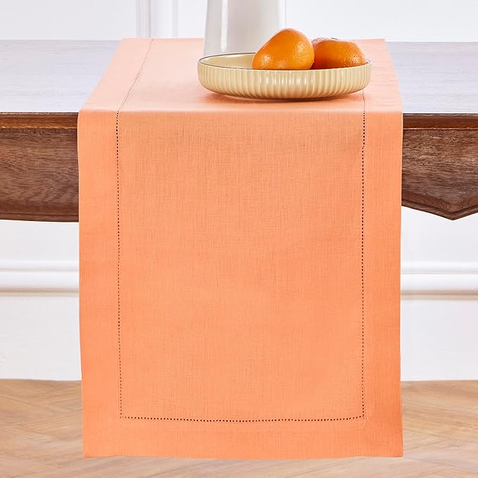 Solino Home Linen Coral Table Runner 108 Inches Long - 100% Pure Linen Hemstitch 14 x 108 Inch Table Runner for Dining - Classic Hemstitch