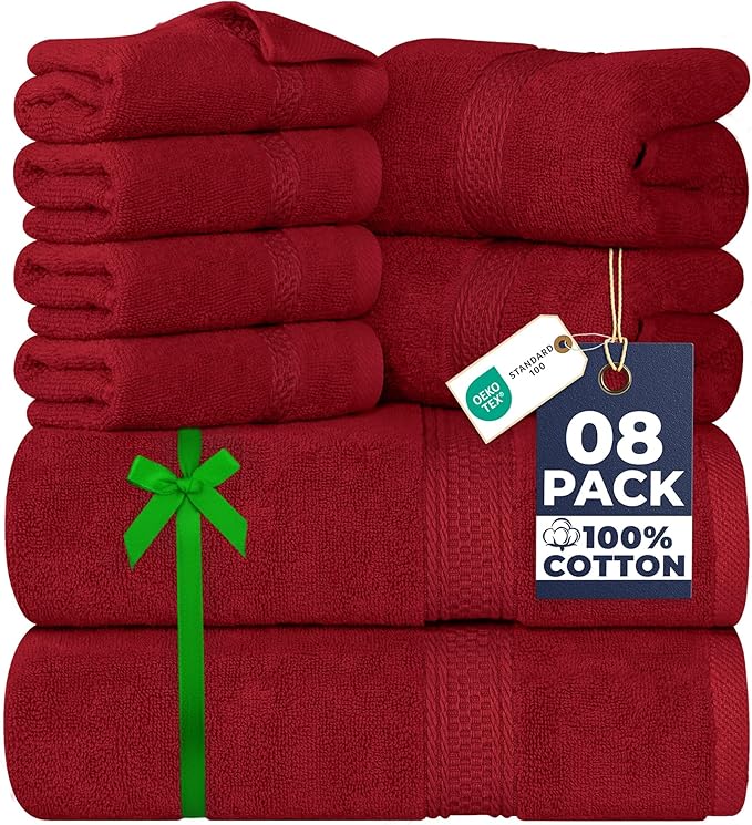 Utopia Towels 8 Piece Luxury Towel Set – Majestic Plush, Super Absorbent & Quicker-to-Dry, Thick 100% Ring Spun Cotton Towels for Bathroom, Spa & Hotel – 2 Bath, 2 Hand, 4 Washcloths,Red
