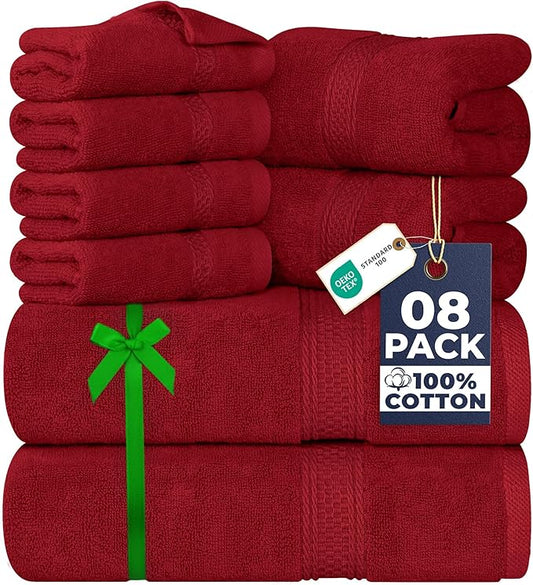 Utopia Towels 8 Piece Luxury Towel Set – Majestic Plush, Super Absorbent & Quicker-to-Dry, Thick 100% Ring Spun Cotton Towels for Bathroom, Spa & Hotel – 2 Bath, 2 Hand, 4 Washcloths,Red