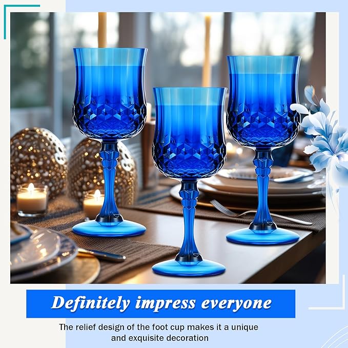 Pinkunn 50 Pcs 7 oz Plastic Vintage Wine Glasses Reusable Colored Goblets Patterned Drinking Water Glasses Cup Dishwasher Safe for Christmas Wedding Reception Party Supplies (Dark Blue)