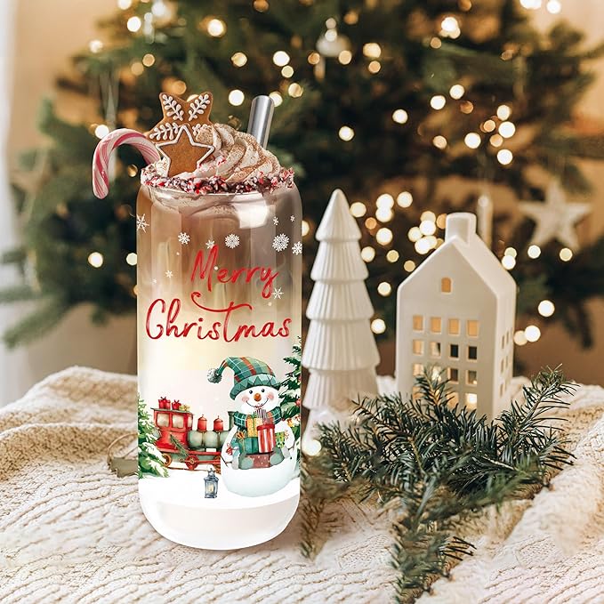 Joeyan Christmas Glass Cups,Tumbler with Lid and Straw,Snowman Train Iced Coffee Cups,Cute Can Shaped Beer Smoothie Drinking Glasses,Aesthetic Decoration Gift For Women Mom Friend,20 oz