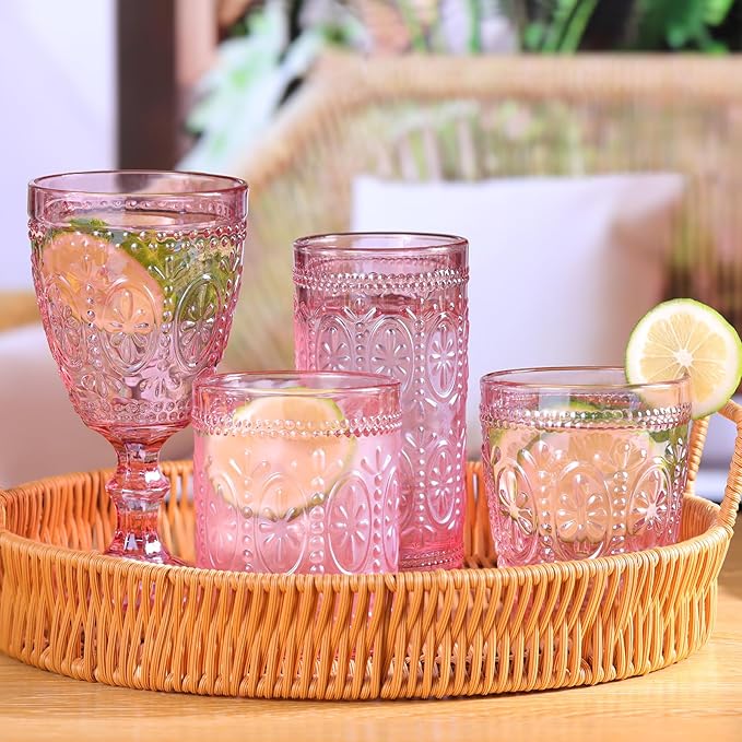 Drinking Highball Beverage Glass Cup, Vintage Drinking Glasses, Colored Glassware Set for Party Wedding Home Office Gift, Set of 4 ,Pink