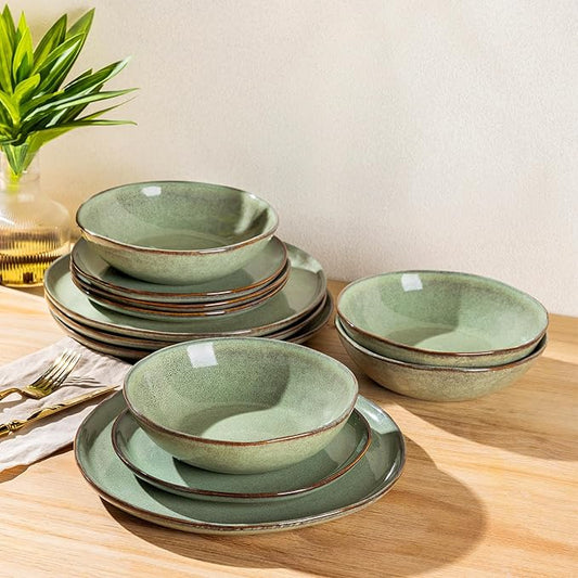 AmorArc Ceramic Dinnerware Sets,Handmade Reactive Glaze Stoneware Plates and Bowls Set,Highly Chip and Crack Resistant | Dishwasher & Microwave Safe Dishes Set,Service for 4 (12pc)