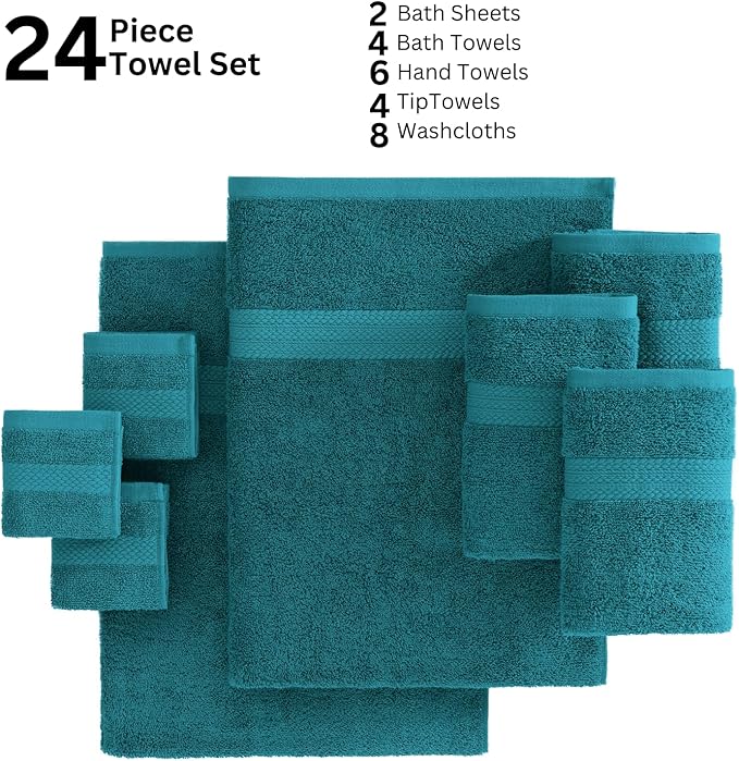 LANE LINEN 100% Cotton Bathroom Towels Set - 24 Piece - Durable, Quick Dry, Soft & Highly Absorbent - 4 Bath, 4 Fingertip, 6 Hand Towel, 8 Washcloths, 2 Bath Sheets - Sustainbly Produced - Sea Port