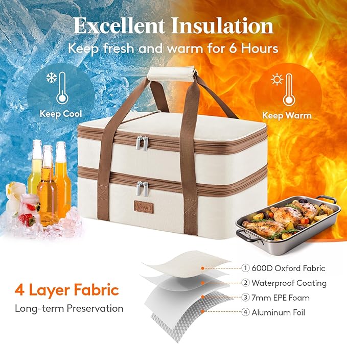 Lifewit Double Decker Insulated Casserole Carrier for Hot or Cold Food, Casserole Dish with Lid and Carrying Case, Lasagna Holder for Potluck Parties/Picnic/Cookouts, Fits 9"x13" Baking Dish, Beige