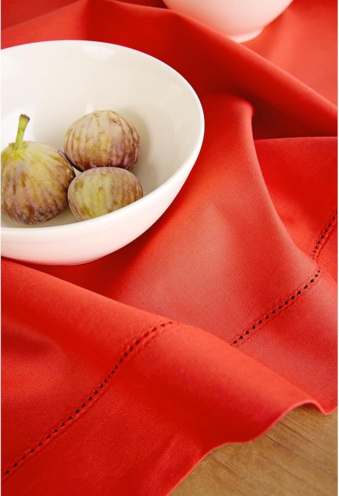 Solino Home Cotton Linen Tablecloth 52 x 52 Inch - Hemstitch Poppy Red Square Tablecloth - Machine Washable Table Throw for Valentines, New Year