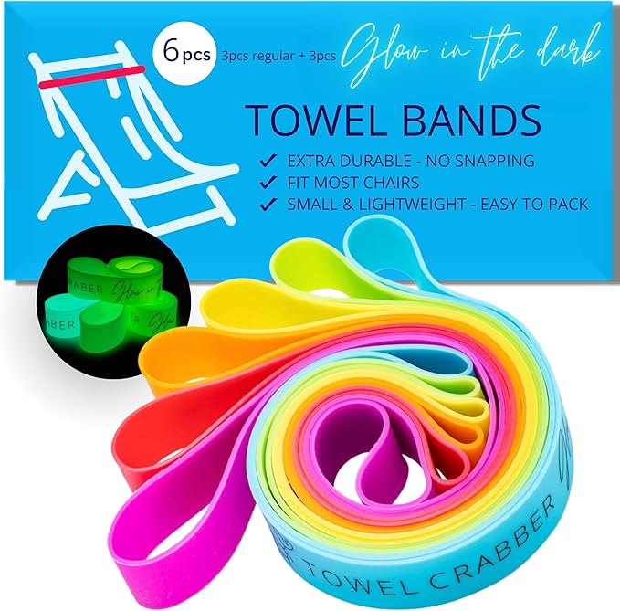 Towel Bands (6-Pack), Beach Pool & Cruise Chairs, Extra Durable, No Snapping, Cruise Ship & Beach Essentials, Great Alternative to Beach Towel Clips (3 Regular + 3 Glow in The Dark