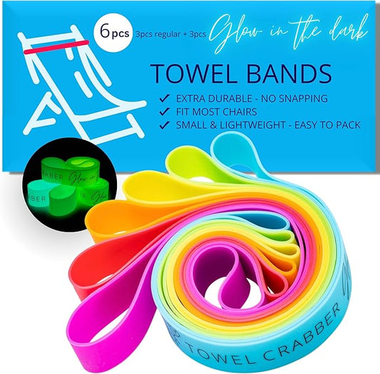 Towel Bands (6-Pack), Beach Pool & Cruise Chairs, Extra Durable, No Snapping, Cruise Ship & Beach Essentials, Great Alternative to Beach Towel Clips (3 Regular + 3 Glow in The Dark