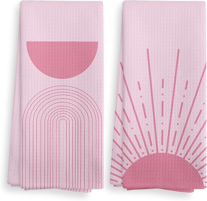 Pink Preppy Sun Moon Rainbow Kitchen Towels and Dishcloths Sets of 2, Bohemian Sunrise Hand Towels, Abstract Arch Line Drying Cloth Hand Towels for Girls Bathroom Kitchen Decor, 16×24 Inches