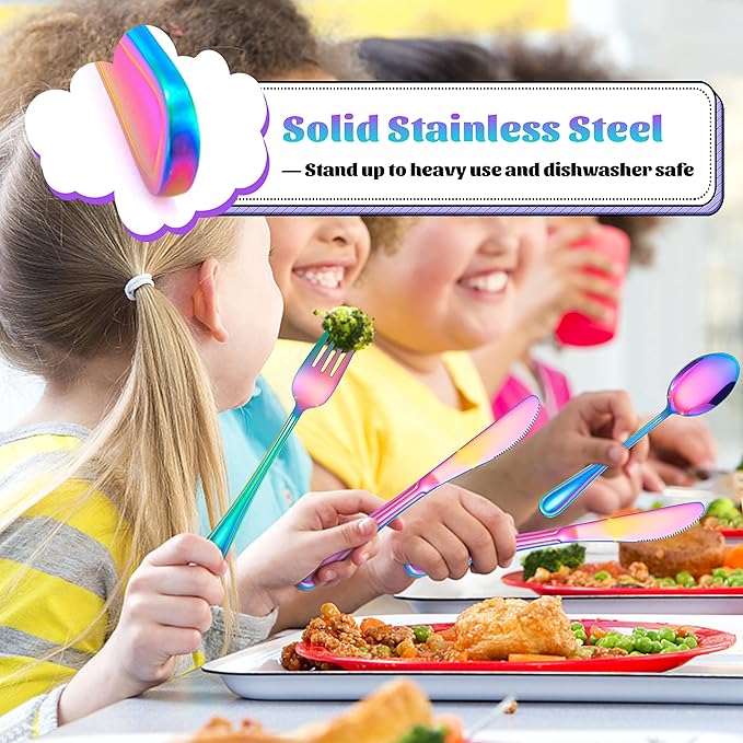 E-far 6-Piece Kids Silverware, Stainless Steel Toddler Utensils Safe for Preschooler/Children, Includes 2 Forks 2 Spoons 2 Knife, Slimline Adult Look & Small Size, Rust Free & Mirror Polished-Rainbow
