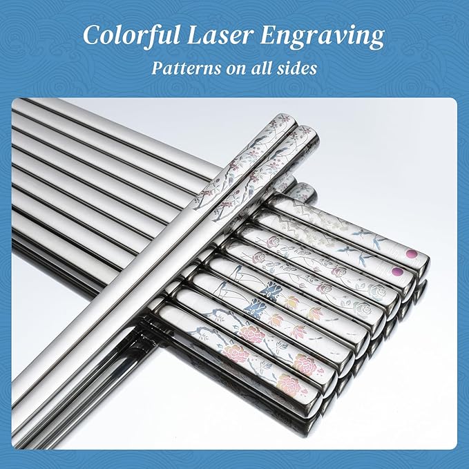 Stainless Steel Chopsticks, Titanium Plated Metal Chopsticks, 9.8" Premium Japanese Korean Color Laser Engraved Cooking Chop Sticks, Dishwasher Safe, Reusable, Anti-slip, Anti-scald, 5 Pairs Gift Set