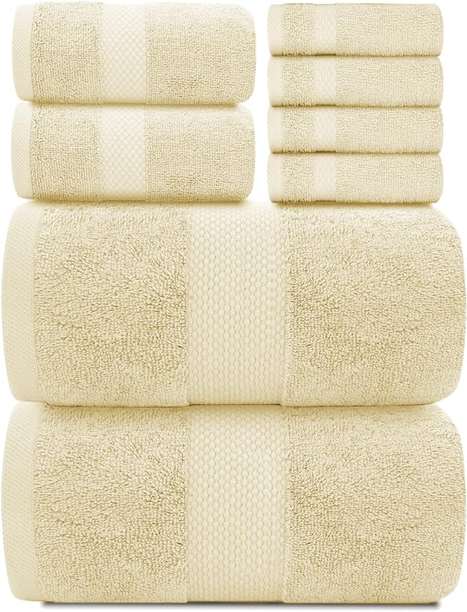 White Classic Luxury Bath Towel Set of 8 Pieces - 100% Turkish Cotton Highly Absorbent Towels for Bathroom, 2 Luxury Bath Towels 700GSM, 2 Hand Towels, 4 Washcloths, Beige