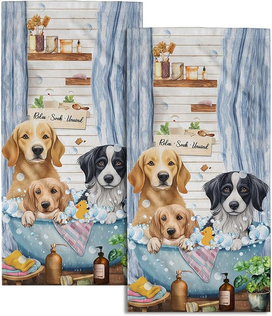 Imiss Funny Dog Hand Towels Set of 2 Bathtub Dog Bath Soap Foam Bathroom Guest Towel Wooden Vintage Country Kitchen Dish Towel 14.4 x 28.3 Inch for Bathroom Spa Sport Hotel