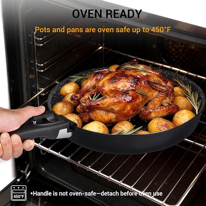 Ammeloo 21-Piece Ceramic Pots and Pans Set Non Stick with Detachable Handles and Egg Frying Pan, Non-Toxic Cookware, Induction Ready, Oven Safe, Stackable for Storage, Black Speckled