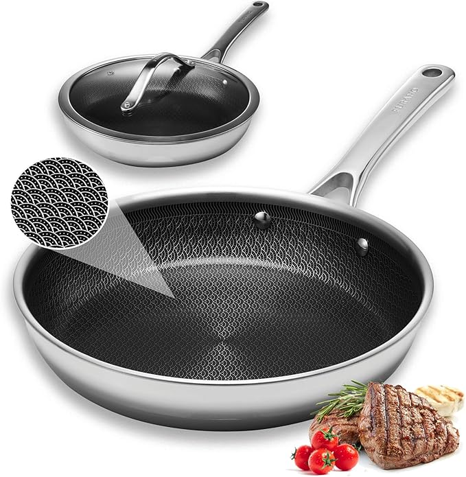 Nonstick Frying Pans with Lid,10 inch Stainless Steel Skillet Set with Hybrid Ceramic Stainless Steel Pan, Induction Compatible, Oven & Dishwasher Safe, Compatible with All Cooktops