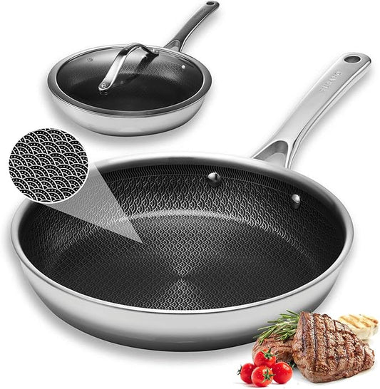 Nonstick Frying Pans with Lid,10 inch Stainless Steel Skillet Set with Hybrid Ceramic Stainless Steel Pan, Induction Compatible, Oven & Dishwasher Safe, Compatible with All Cooktops