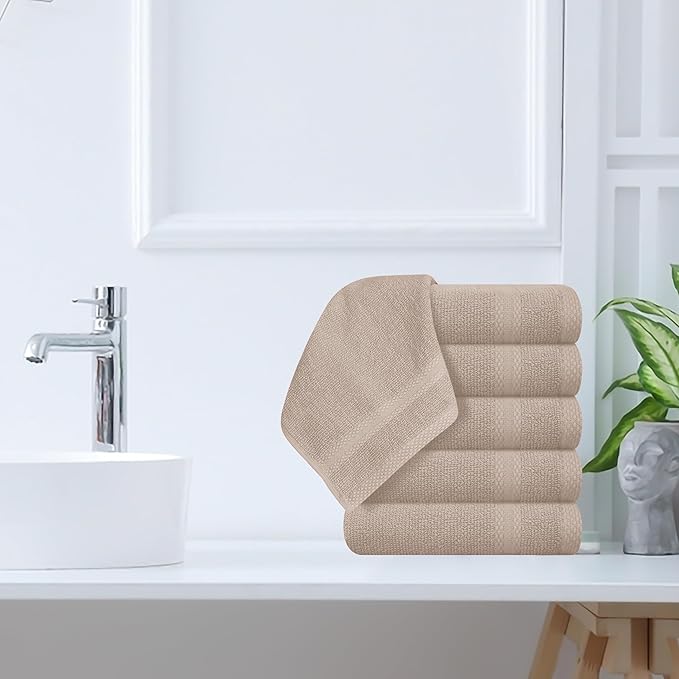 GLAMBURG Ultra Soft 12-Piece Washcloths Set 13x13-100% Ringspun Cotton - Durable & Highly Absorbent Face Towels - Ideal for use in Bathroom, Kitchen, Gym, Spa & General Cleaning - Tan