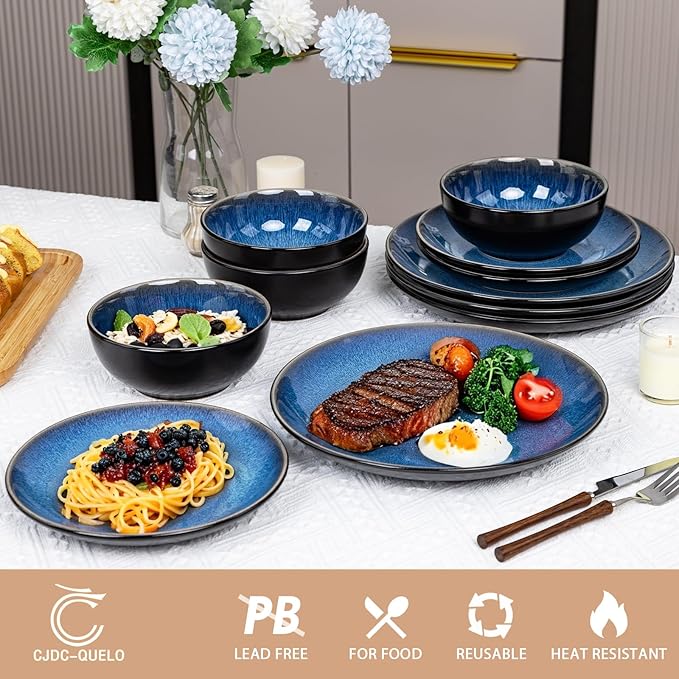 Plates and Bowls Sets for 6 - CJDC-QUELO 18-Piece Stoneware Dinnerware Sets, Ceramic Dishware Set for Indoor Kitchen Use and Formal Dining, Chip and Scratch Resistant Microwave Dishwasher Safe, Blue